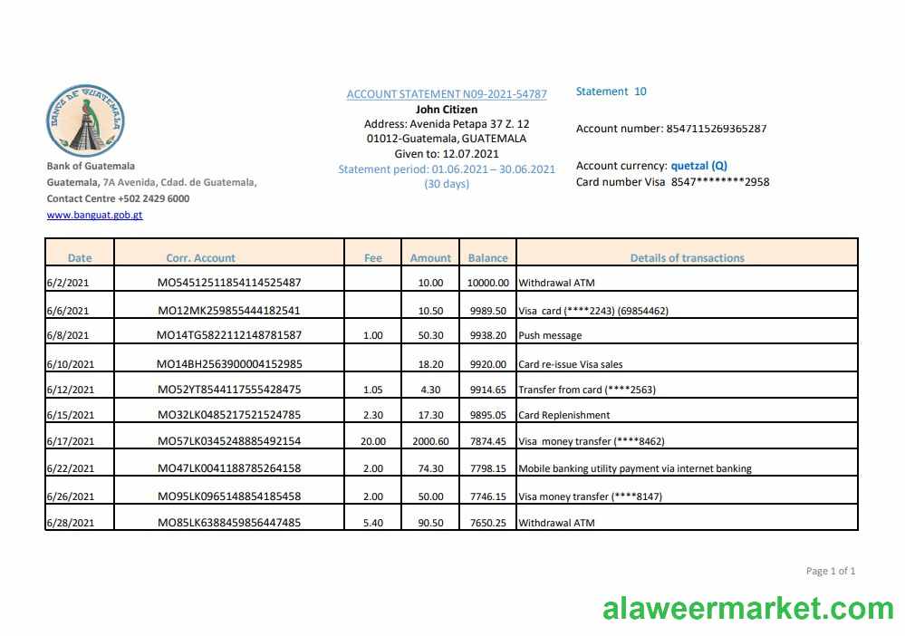 Guatemala Banco de Guatemala bank statement easy to fill template in Excel and PDF format